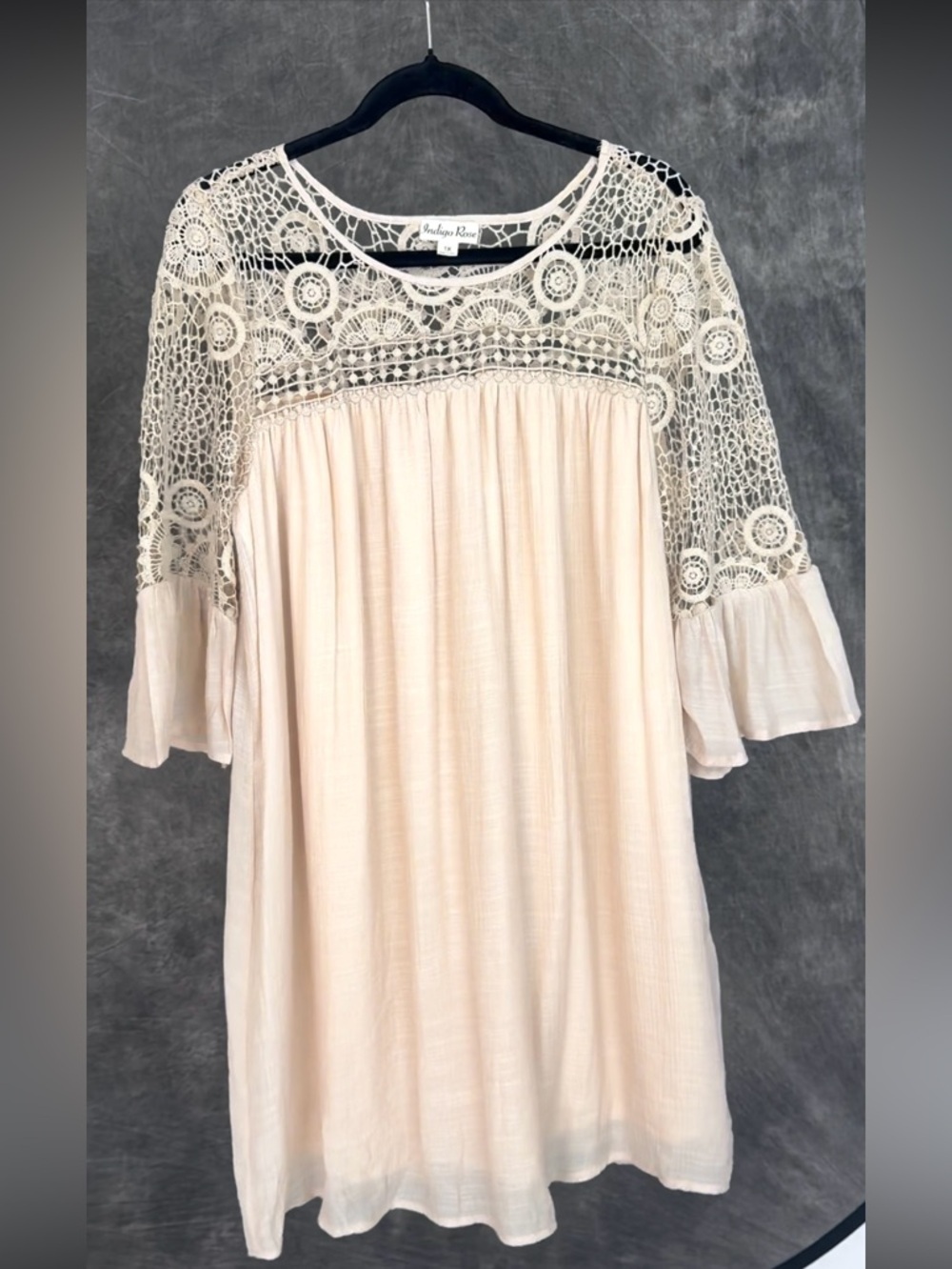 Indigo Rose Cream Lace Boho Dress 1X 3/4 Sleeve Crochet Overlay Flowy Festival - Picture 5 of 6